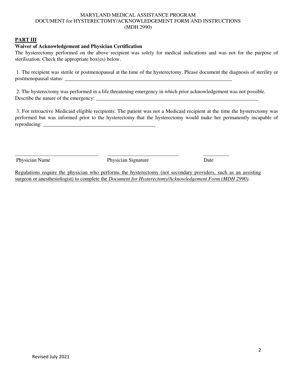 Form MDH2990 Document for Hysterectomy / Acknowledgement Form - Maryland Medical Assistance Program - Maryland, Page 2