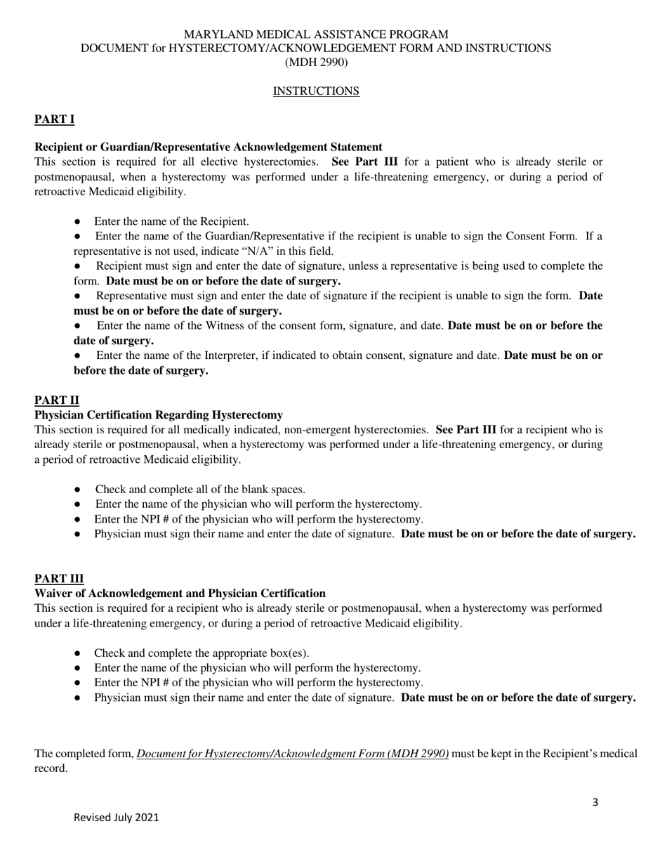 Form MDH2990 Document for Hysterectomy / Acknowledgement Form - Maryland Medical Assistance Program - Maryland, Page 3