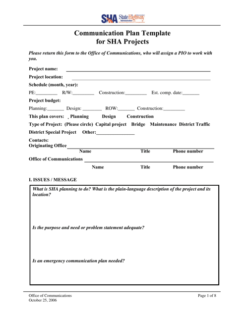 Communication Plan Template for Sha Projects - Maryland Download Pdf