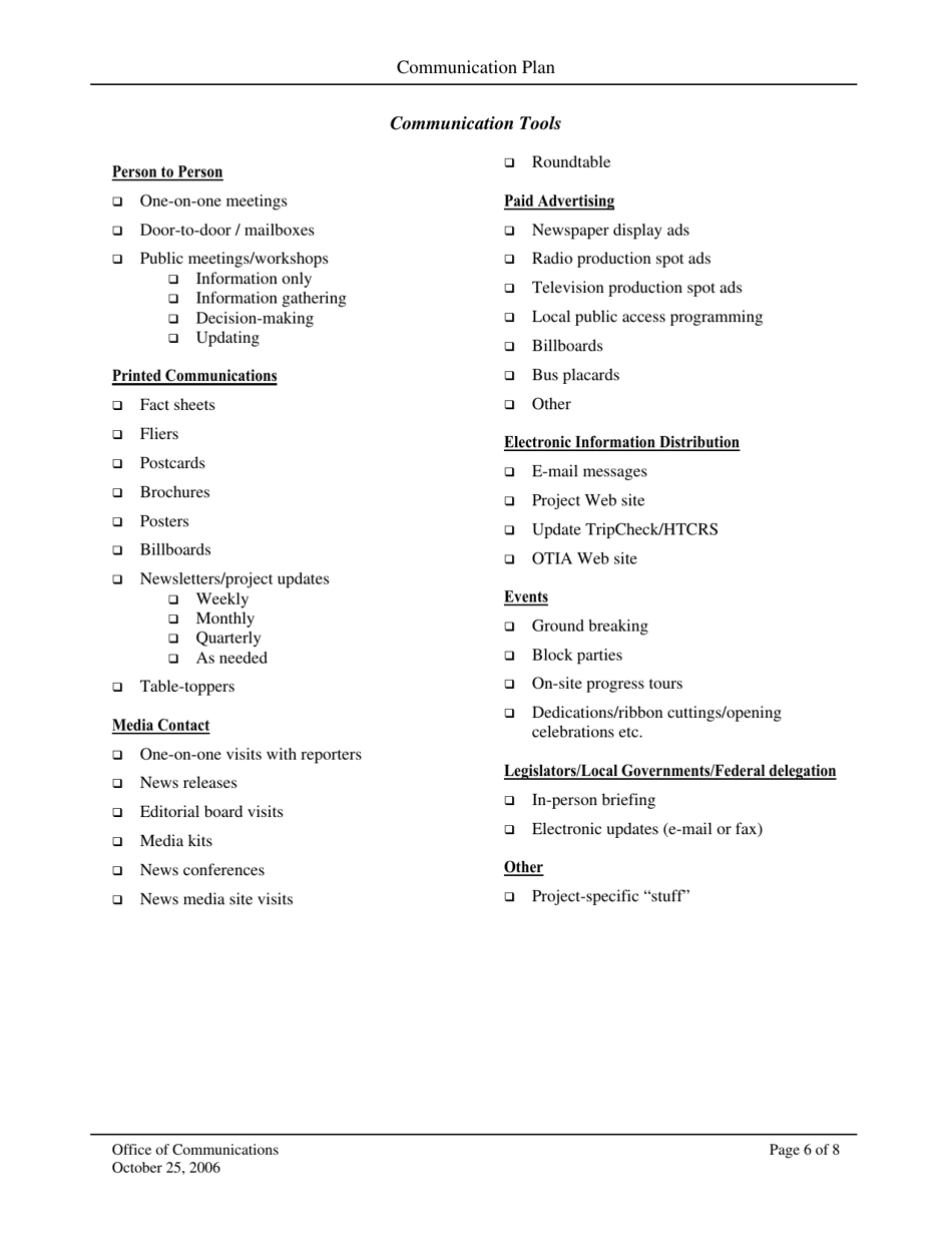 Communication Plan Template for Sha Projects - Maryland, Page 6