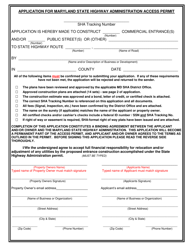 Document preview: Application for Maryland State Highway Administration Access Permit - Maryland
