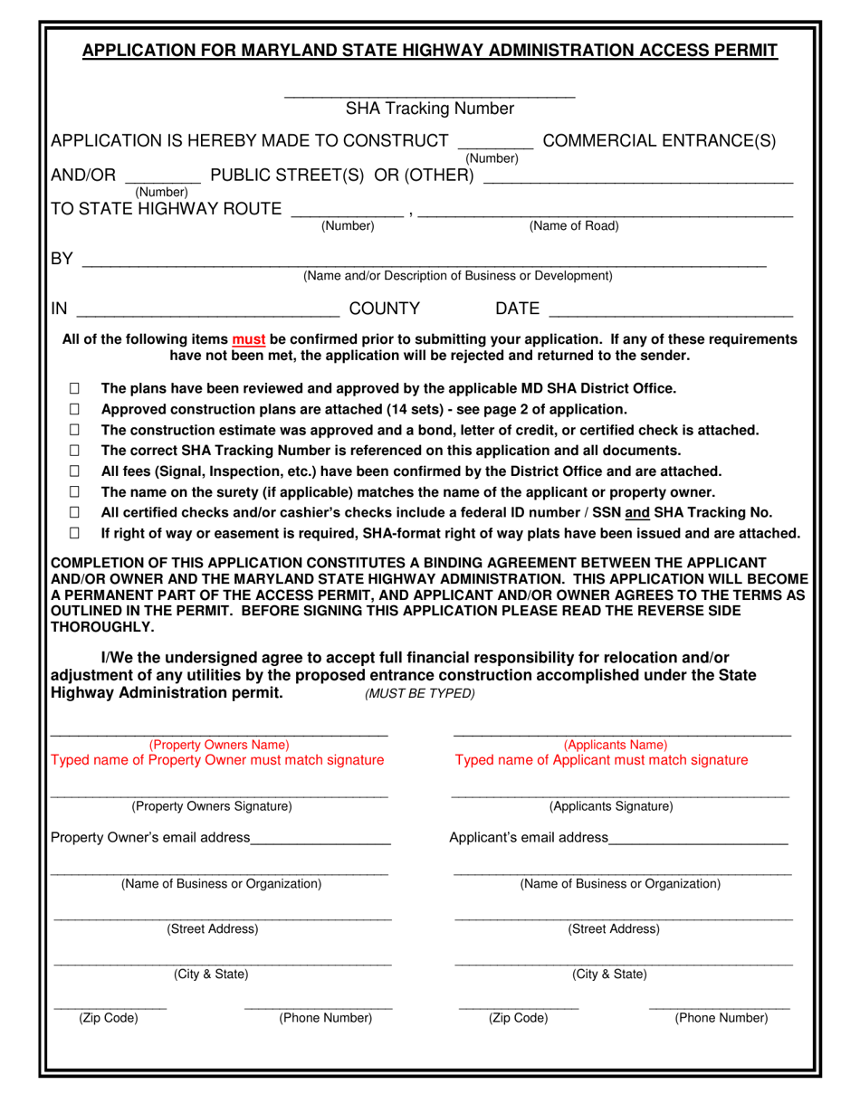 Application for Maryland State Highway Administration Access Permit - Maryland, Page 1