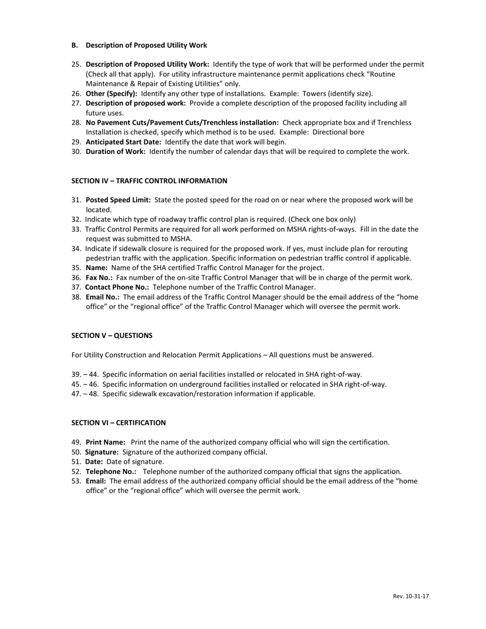 Instructions for Form OOC113 Utility Permit Application - Maryland, Page 2