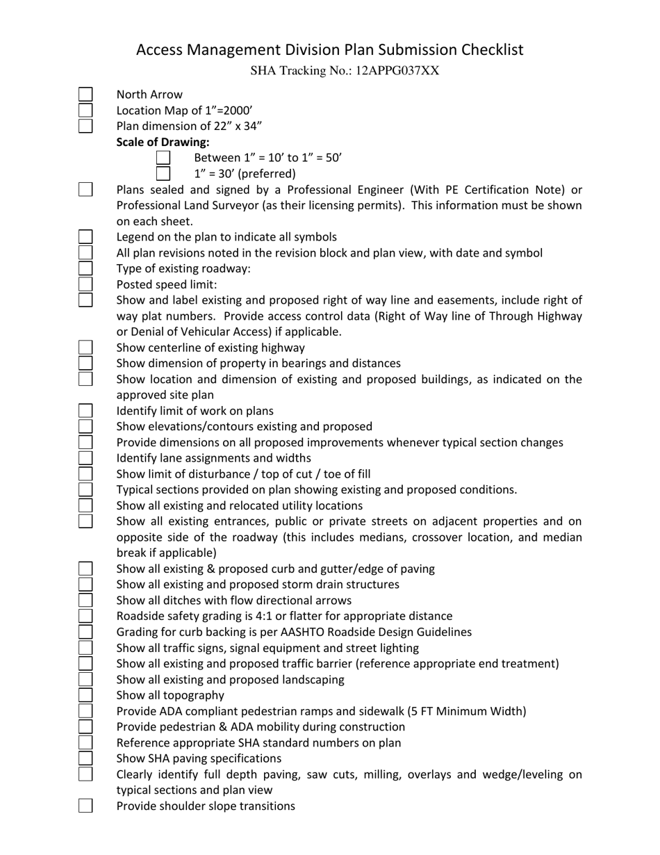 Access Management Division Plan Submission Checklist - Maryland, Page 1