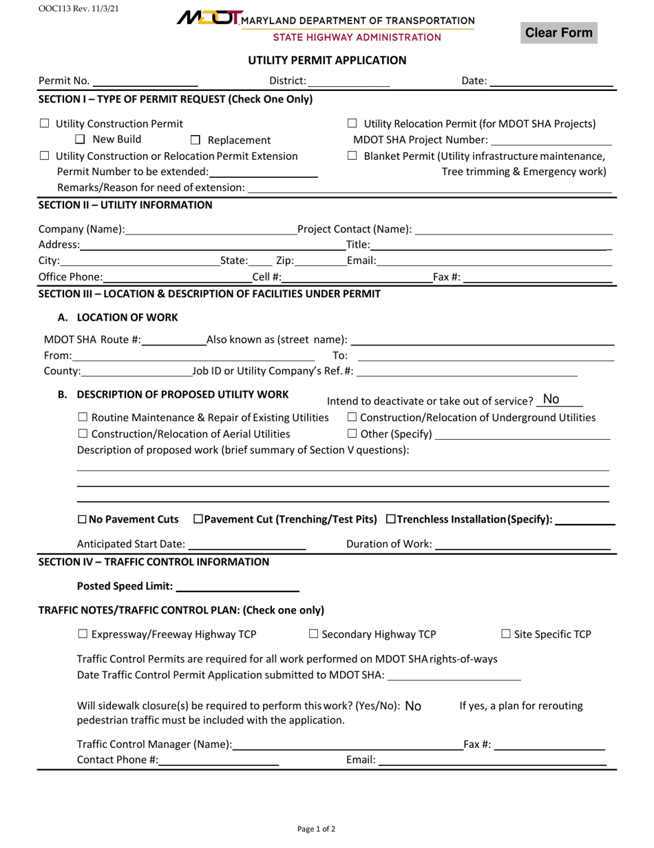 Form OOC113 Utility Permit Application - Maryland, Page 1