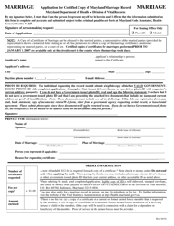 Document preview: Application for Certified Copy of Maryland Marriage Record - Maryland