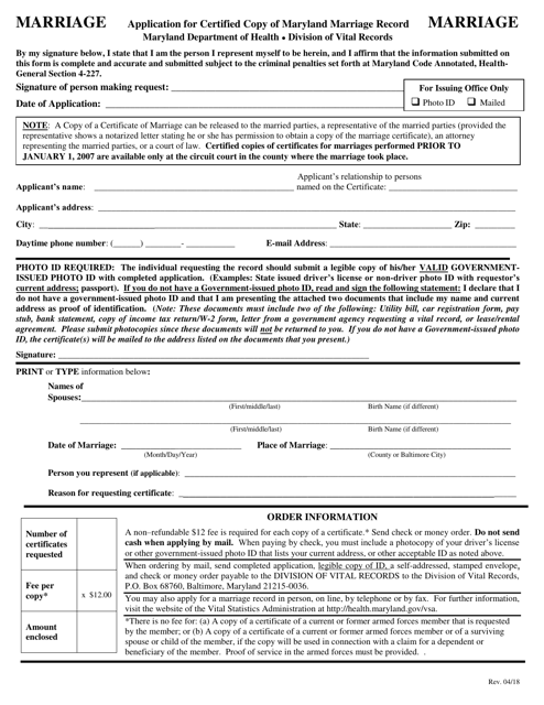 "Application for Certified Copy of Maryland Marriage Record" - Maryland Download Pdf