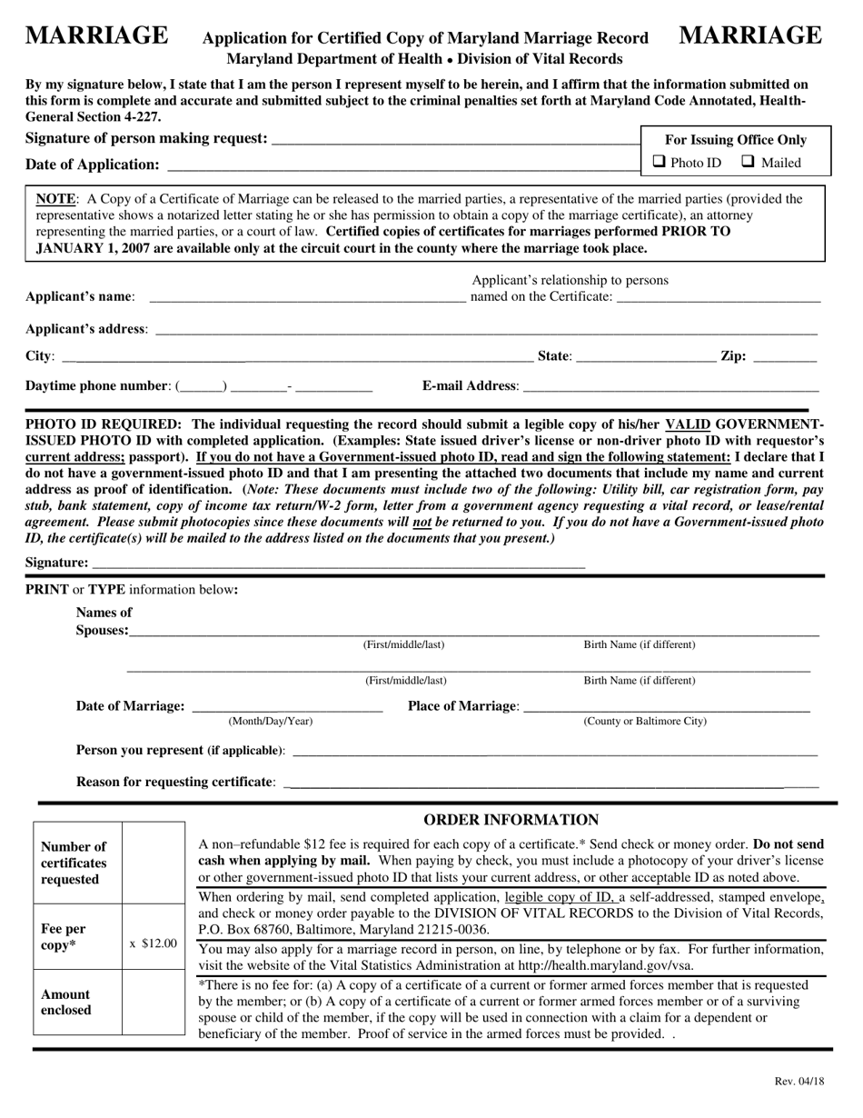 Application for Certified Copy of Maryland Marriage Record - Maryland, Page 1