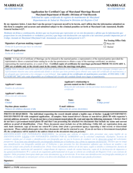 Document preview: Application for Certified Copy of Maryland Marriage Record - Maryland (English/Spanish)