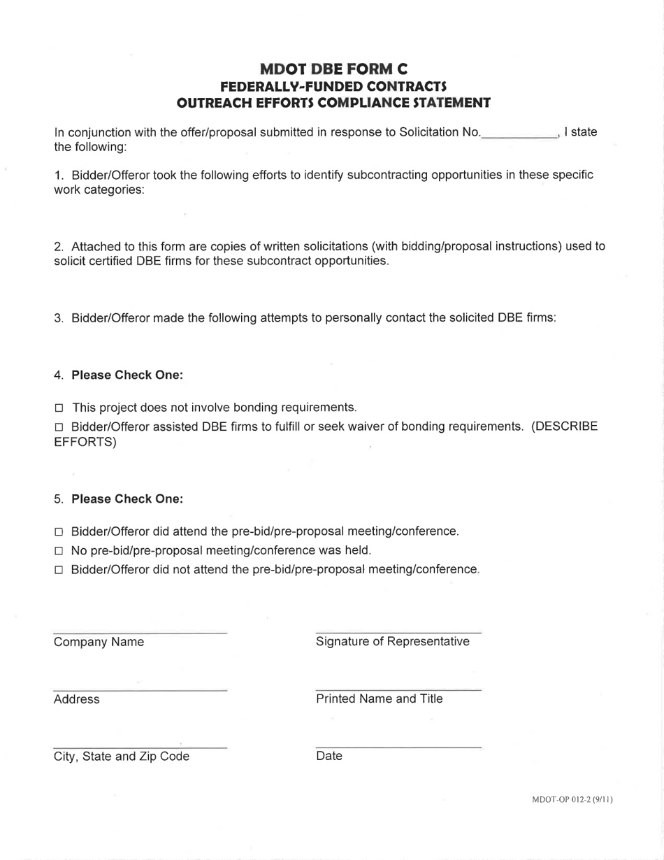 MDOT DBE Form C Fill Out, Sign Online and Download Printable PDF