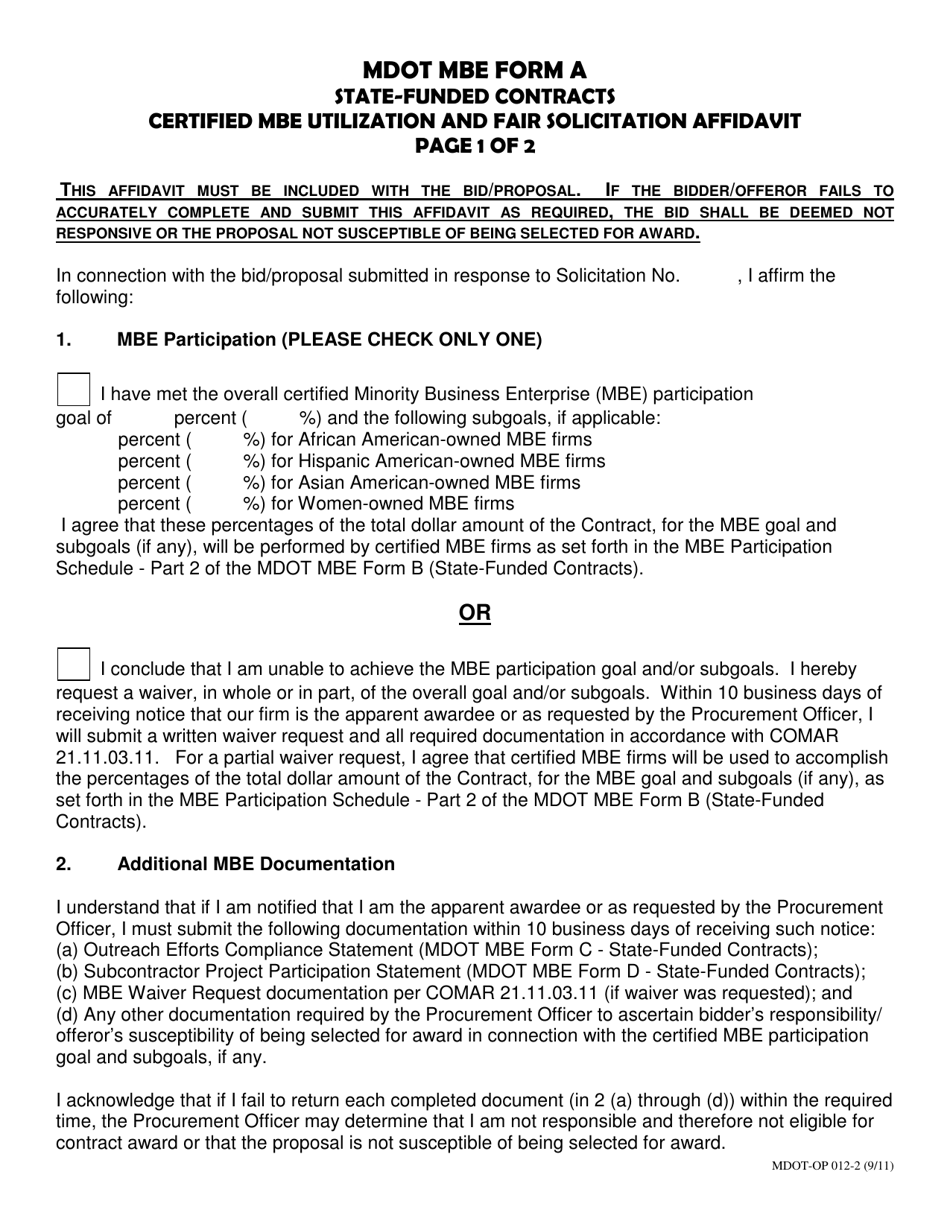 MDOT MBE Form A State-Funded Contracts - Certified Mbe Utilization and Fair Solicitation Affidavit - Maryland, Page 1