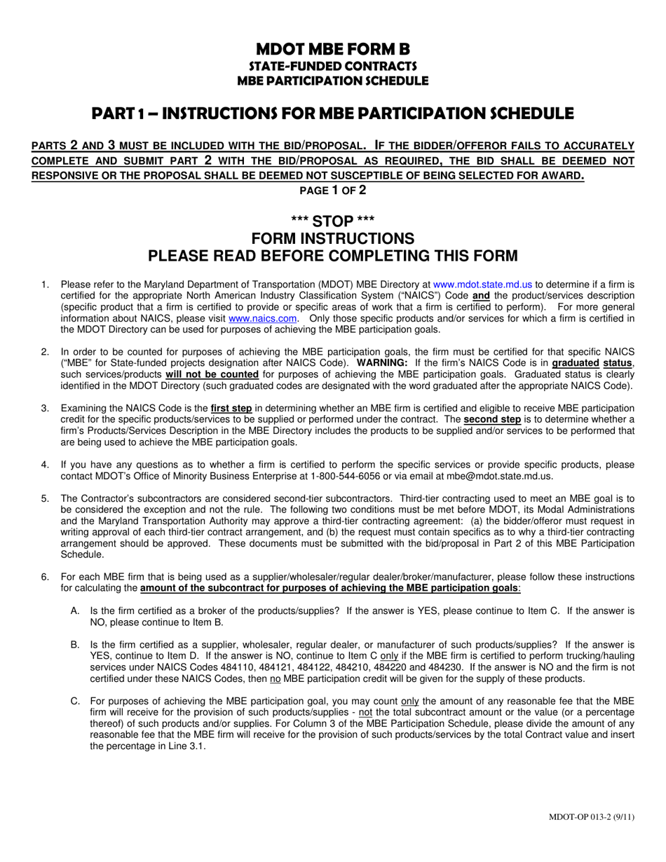 MDOT MBE Form B State-Funded Contracts - Mbe Participation Schedule - Maryland, Page 1