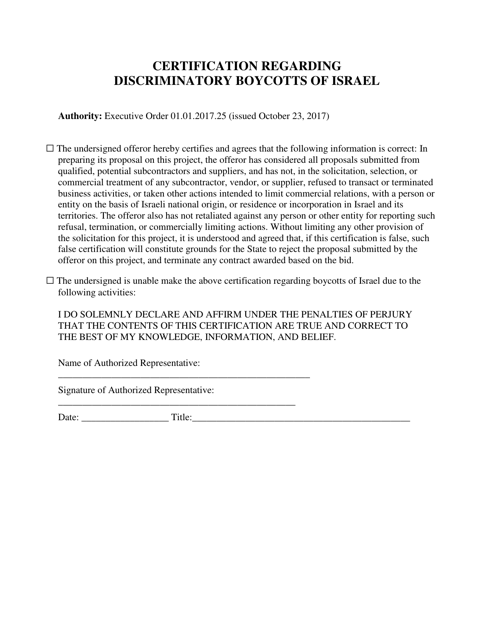 Certification Regarding Discriminatory Boycotts of Israel - Maryland Download Pdf