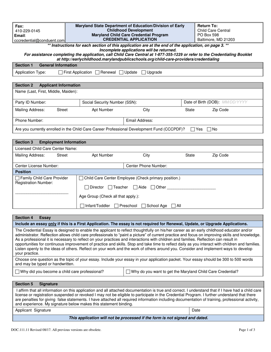 Form DOC.111.11 Maryland Child Care Credential Program Credential Application - Maryland, Page 1