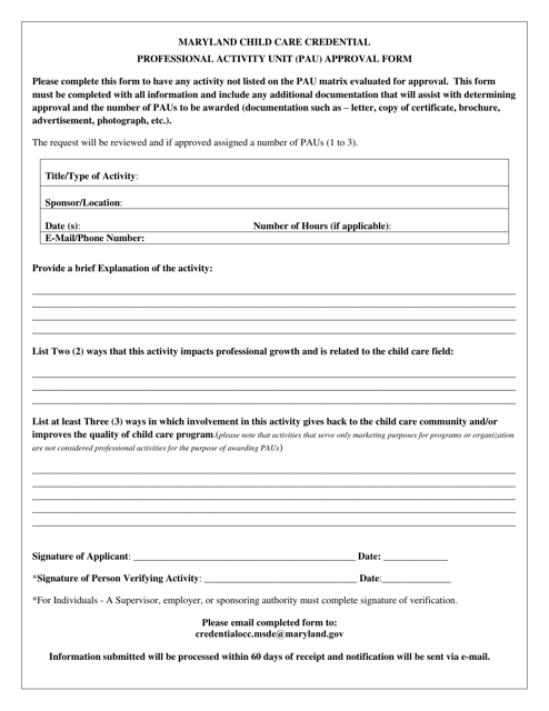 Maryland Child Care Credential Professional Activity Unit (Pau) Approval Form - Maryland Download Pdf
