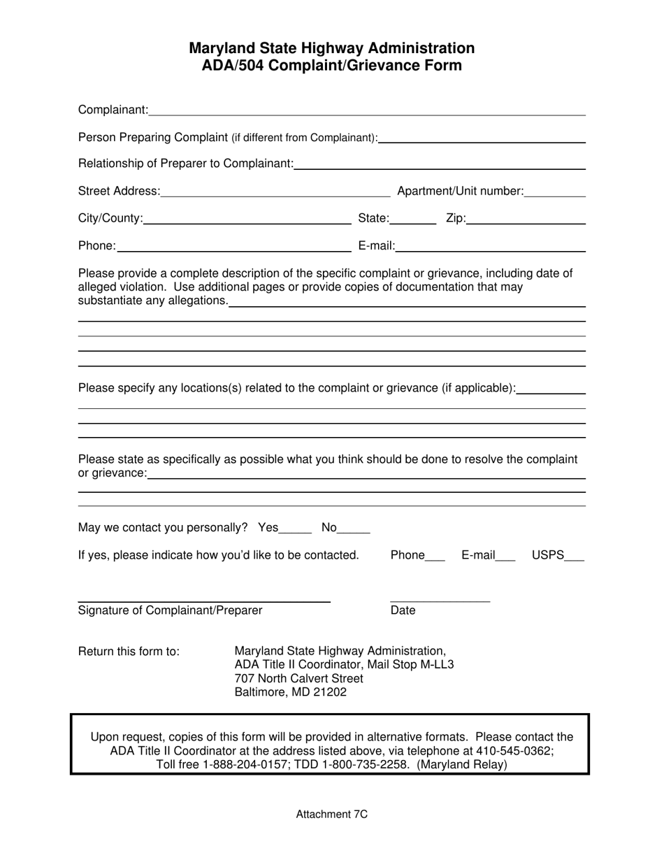 Attachment 7C Ada / 504 Complaint / Grievance Form - Maryland, Page 1