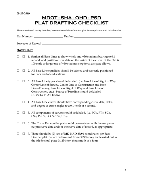 Drafters Checklist for Mdot Sha Plat Submissions - Maryland