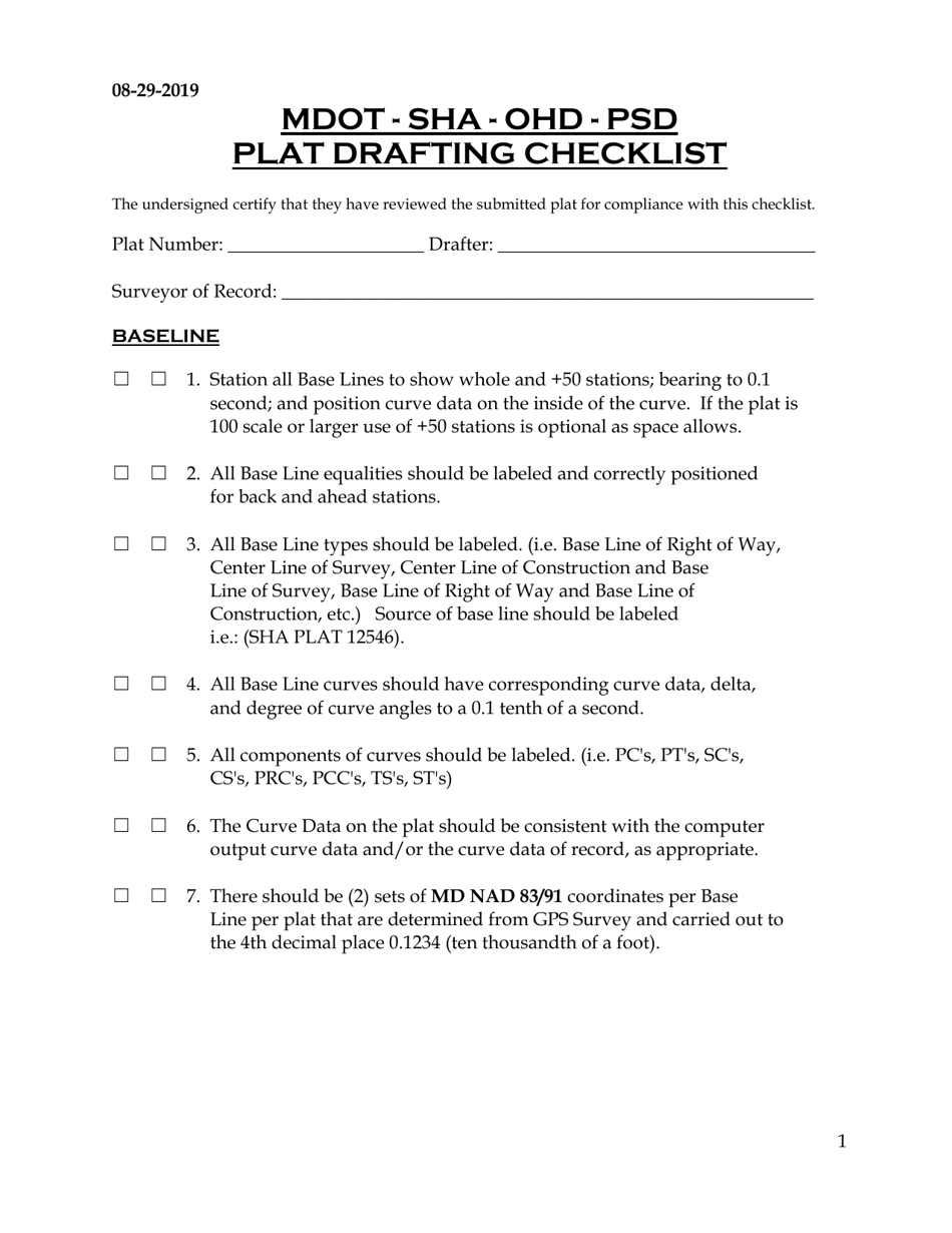 Drafters Checklist for Mdot Sha Plat Submissions - Maryland, Page 1