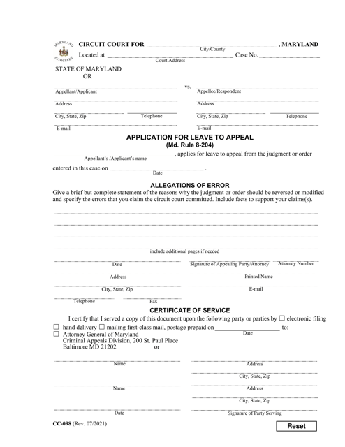 Form CC-098 Application for Leave to Appeal - Maryland