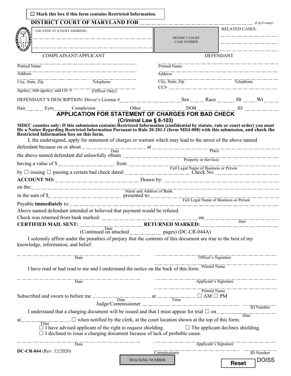 Form DC-CR-044 Application for Statement of Charges for Bad Check - Maryland, Page 1