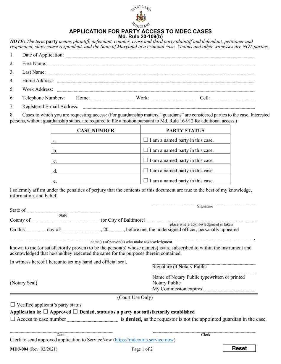 Form MDJ-004 Application for Party Access to Mdec Cases - Maryland, Page 1