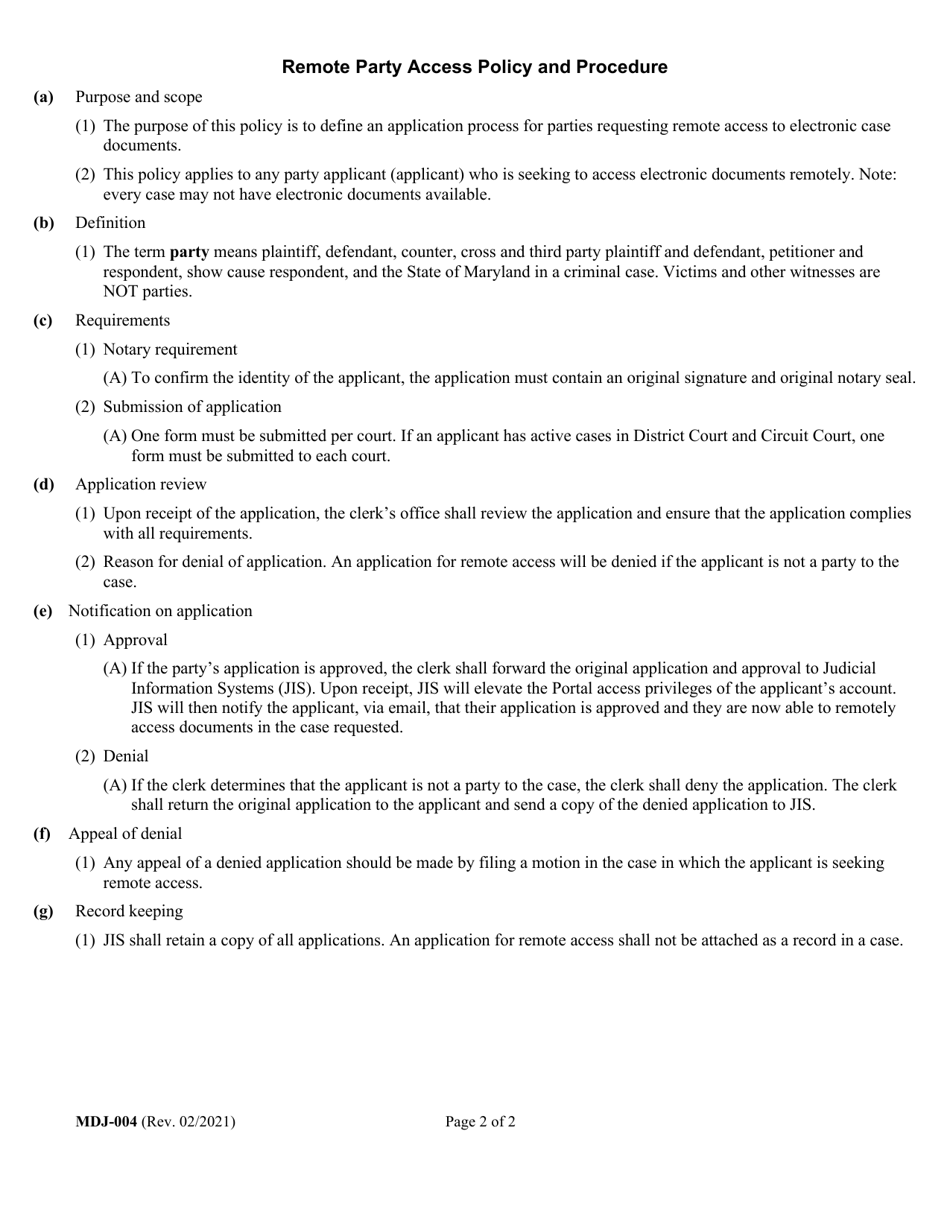 Form MDJ-004 Application for Party Access to Mdec Cases - Maryland, Page 2