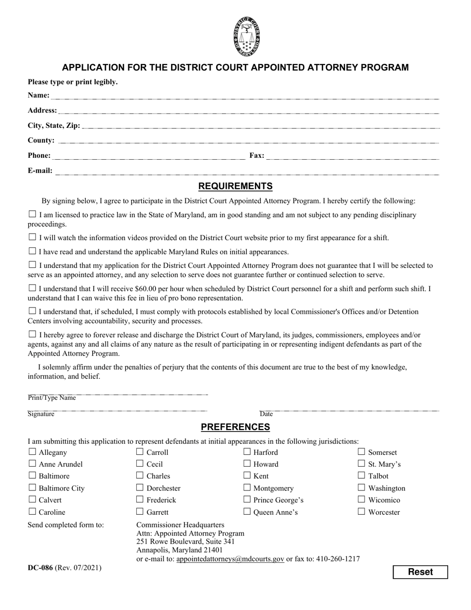 Form DC-086 Application for the Appointed Attorneys Program - Maryland, Page 1