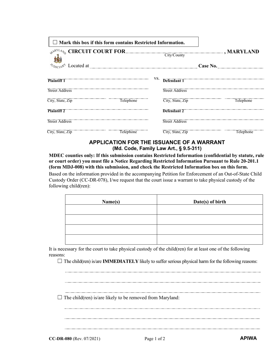 Form CC-DR-080 Application for the Issuance of a Warrant - Maryland, Page 1