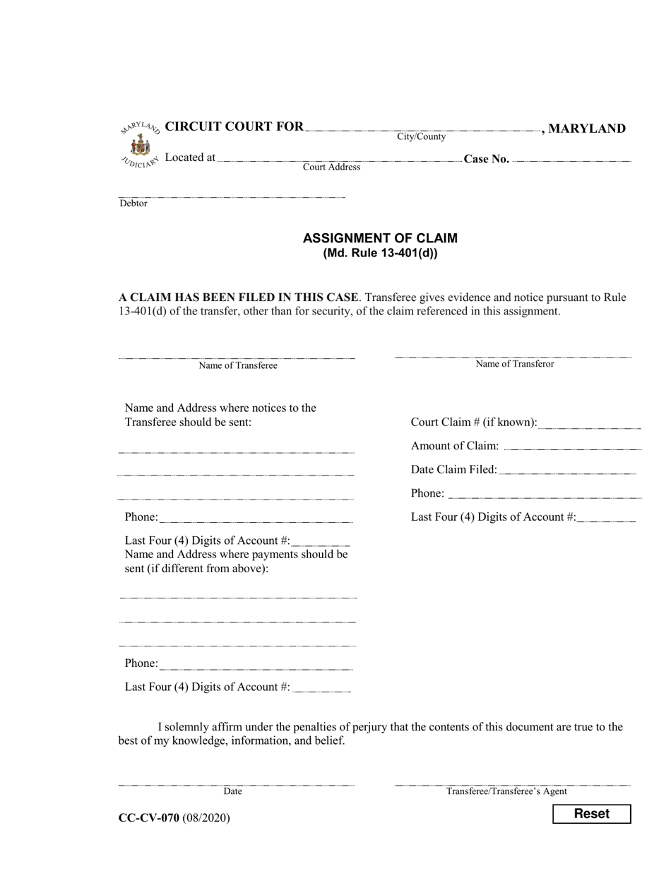 Form CC-CV-070 Assignment of Claim - Maryland, Page 1