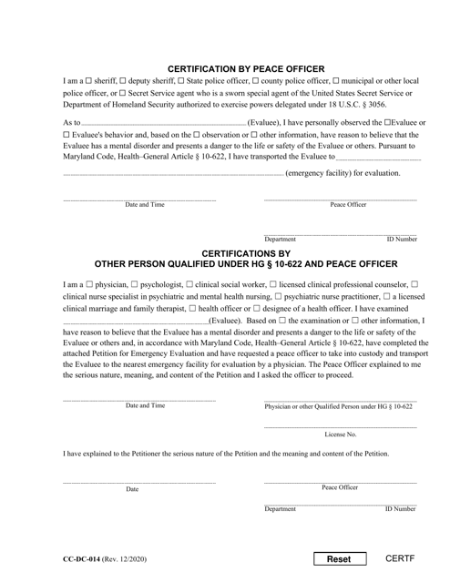 Form CC-DC-014 Certification by Peace Officer, Physician, or Other Qualified Person - Maryland
