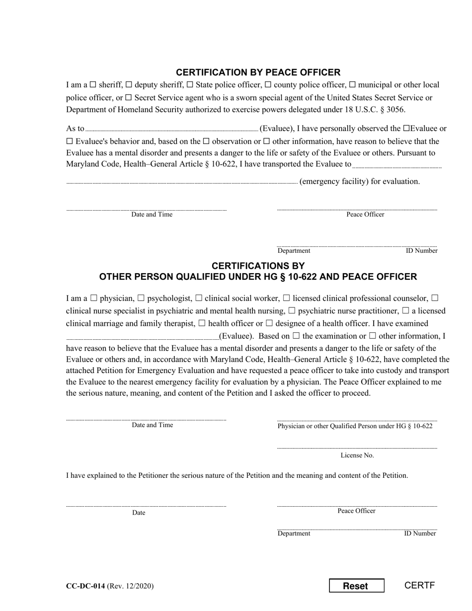 Form CC-DC-014 Certification by Peace Officer, Physician, or Other Qualified Person - Maryland, Page 1