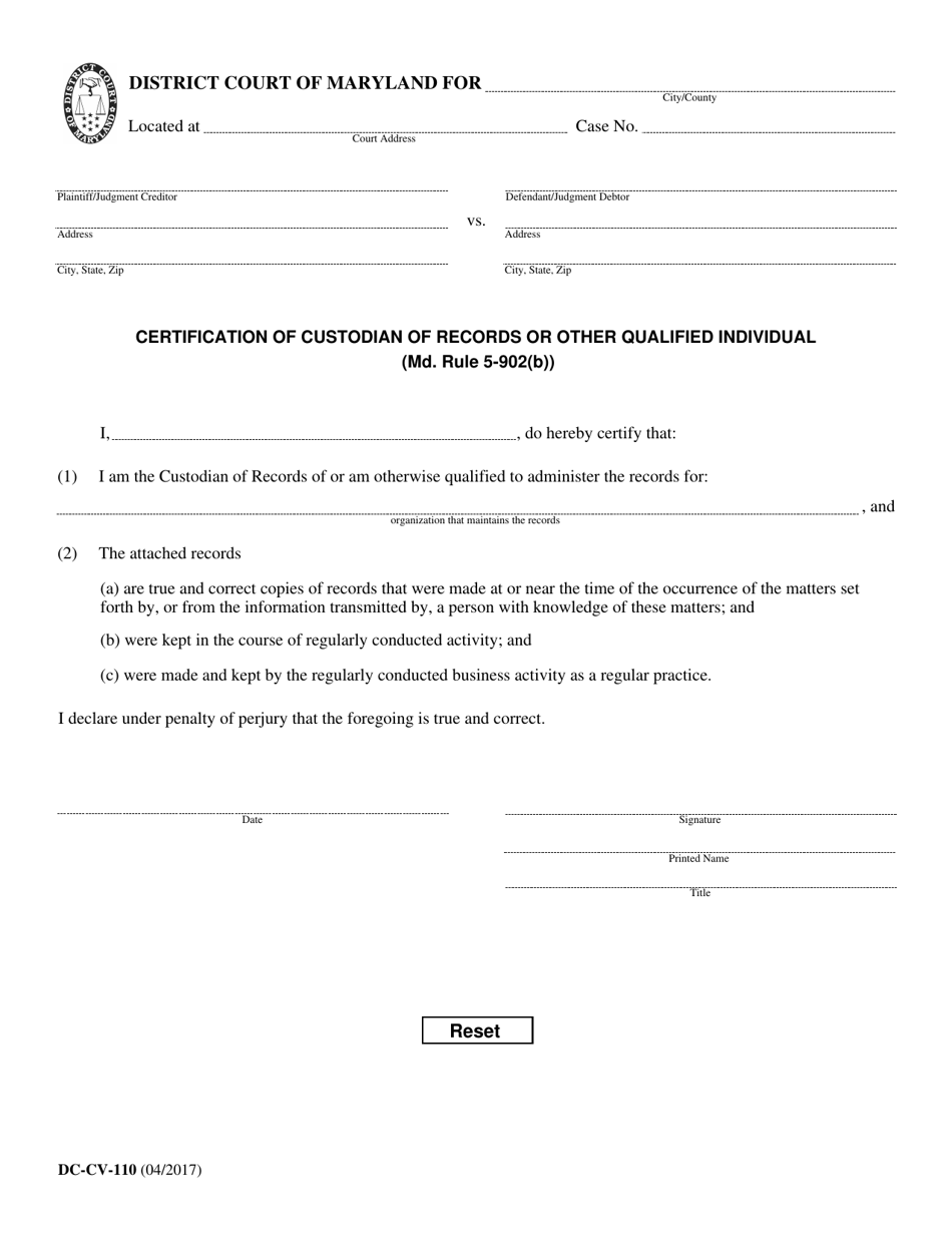 Form DC-CV-110 Certification of Custodian of Records or Other Qualified Individual - Maryland, Page 1