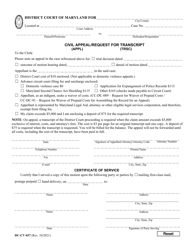 Document preview: Form DC-CV-037 Civil Appeal/Request for Transcript/Certificate of Service - Maryland