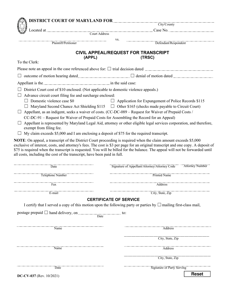 Form DC-CV-037 Civil Appeal / Request for Transcript / Certificate of Service - Maryland, Page 1