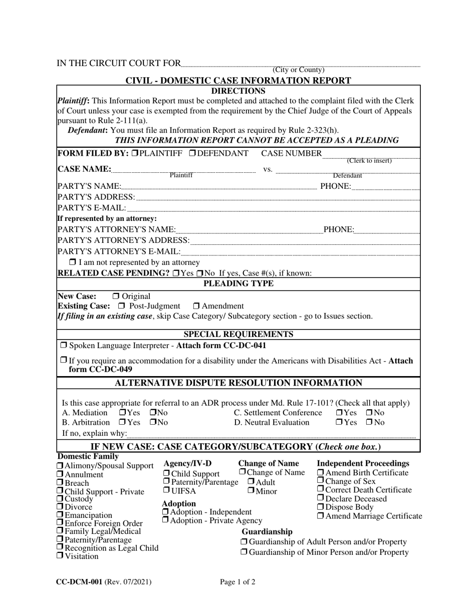 Form CC-DCM-001 Civil - Domestic Case Information Report - Maryland, Page 1