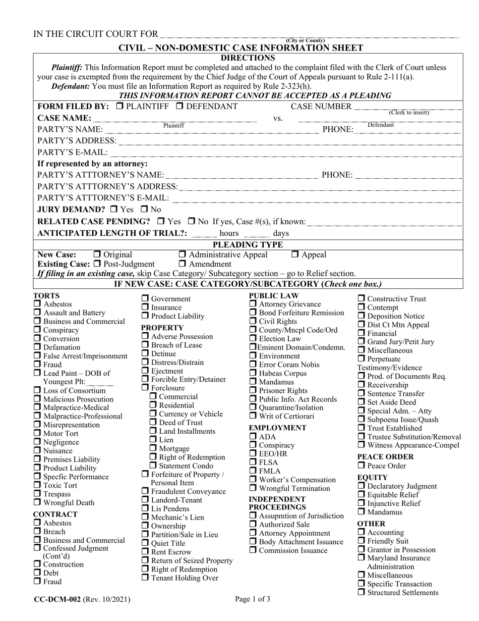 Form CC-DCM-002 Civil - Non-domestic Case Information Sheet - Maryland, Page 1