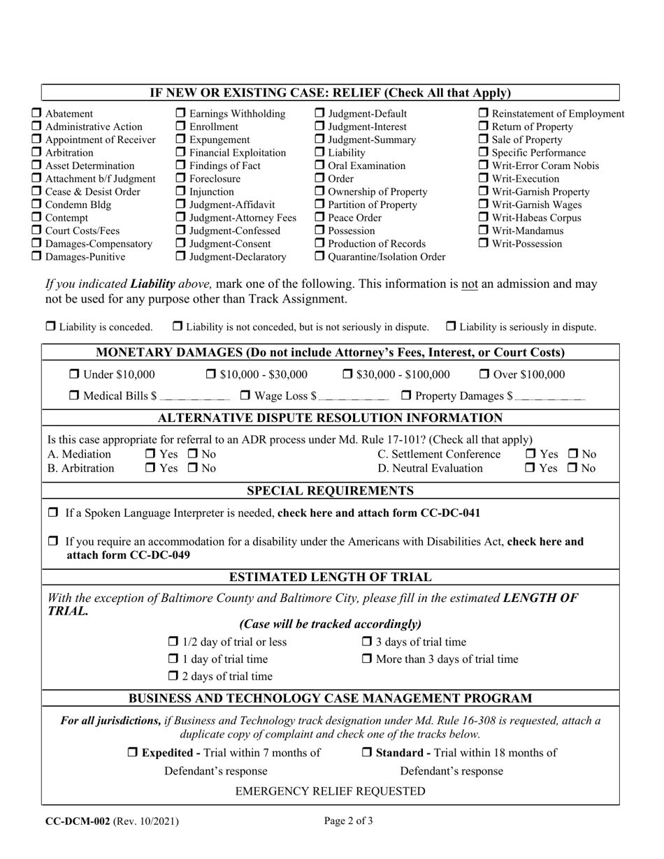 Form CC-DCM-002 Civil - Non-domestic Case Information Sheet - Maryland, Page 2