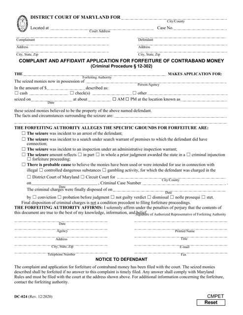 Form DC-024 Complaint and Affidavit Application for Forfeiture of Contraband Money - Maryland