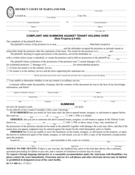 Document preview: Form DC-CV-080 Complaint and Summons Against Tenant Holding Over - Maryland