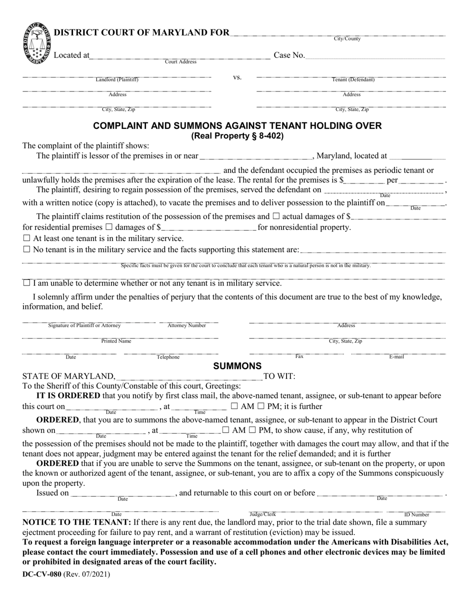 Form DC-CV-080 Complaint and Summons Against Tenant Holding Over - Maryland, Page 1