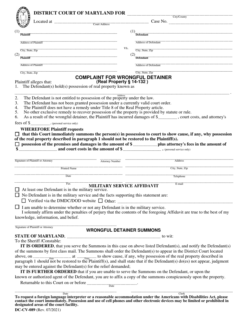 Form DC-CV-089 Complaint for Wrongful Detainer - Maryland, Page 1