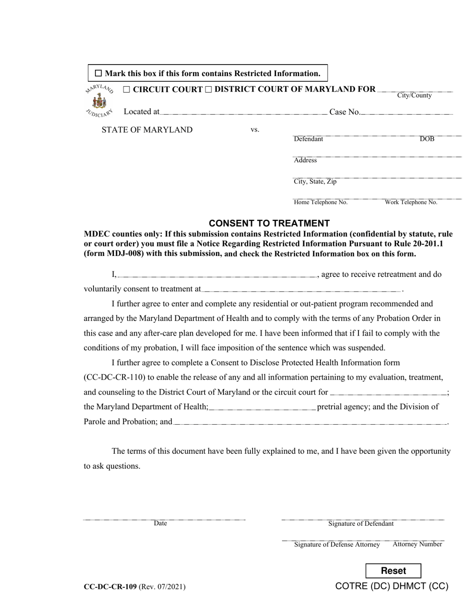 Form CC-DC-CR-109 Consent to Treatment - Maryland, Page 1
