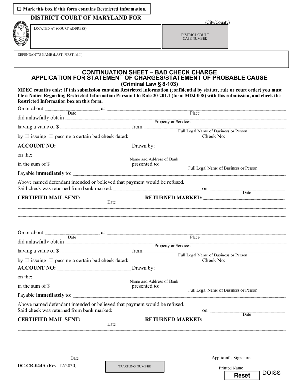 Form DC-CR-044A Continuation Sheet - Bad Check Charge / Application for Statement of Charges / Statement of Probable Cause - Maryland, Page 1
