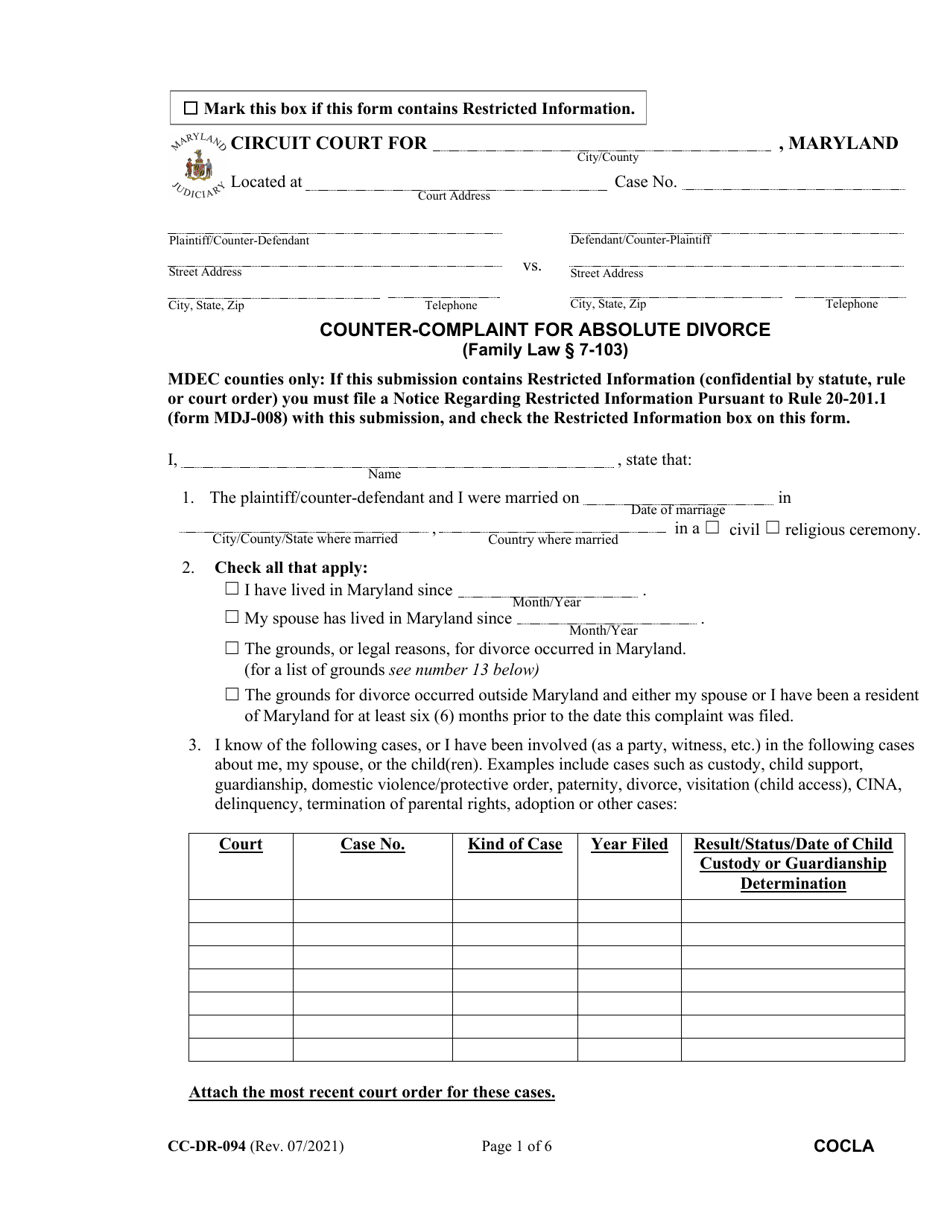 Form CC-DR-094 Counter-Complaint for Absolute Divorce - Maryland, Page 1