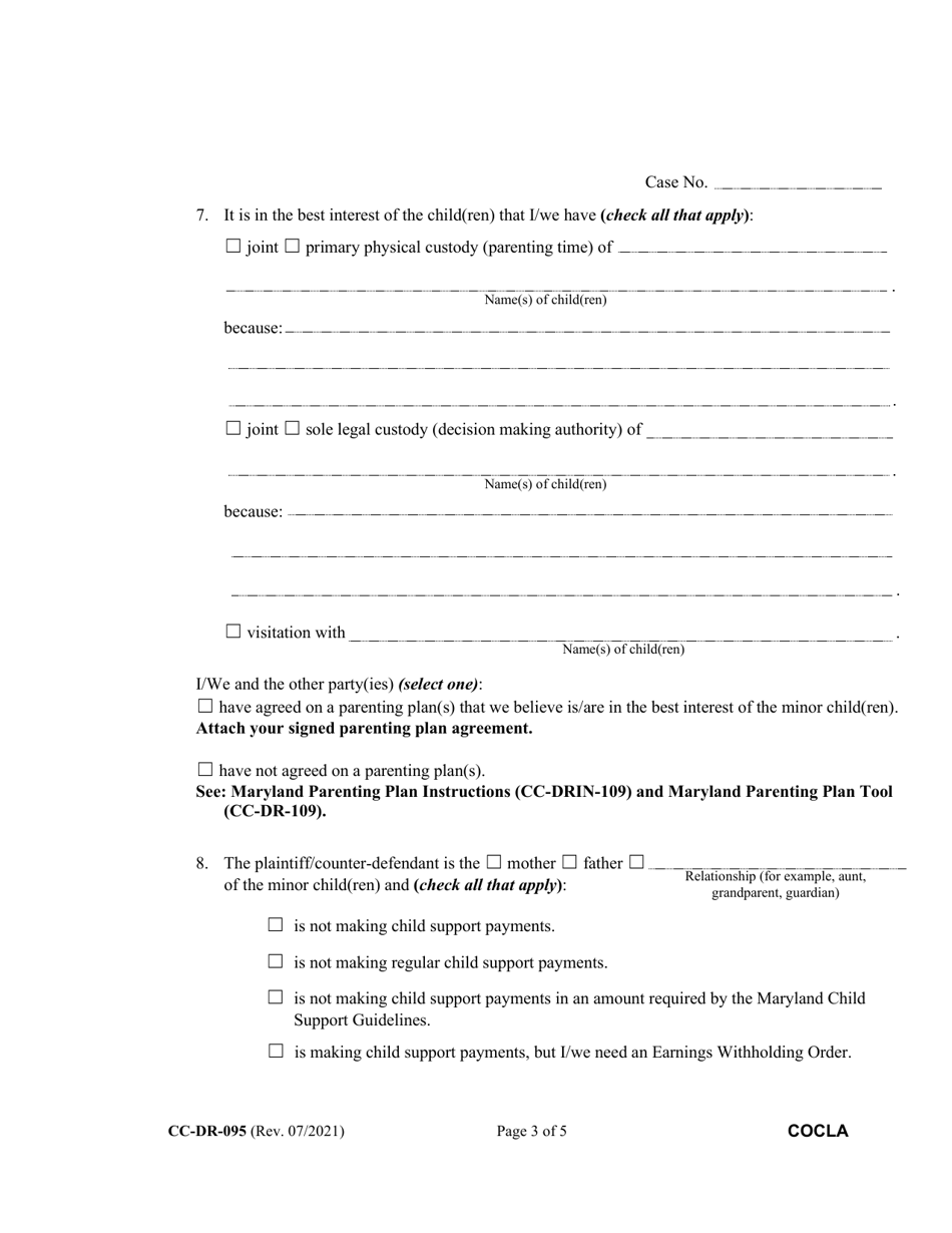 Form CC-DR-095 Counter-Complaint for Custody / Child Support - Maryland, Page 3