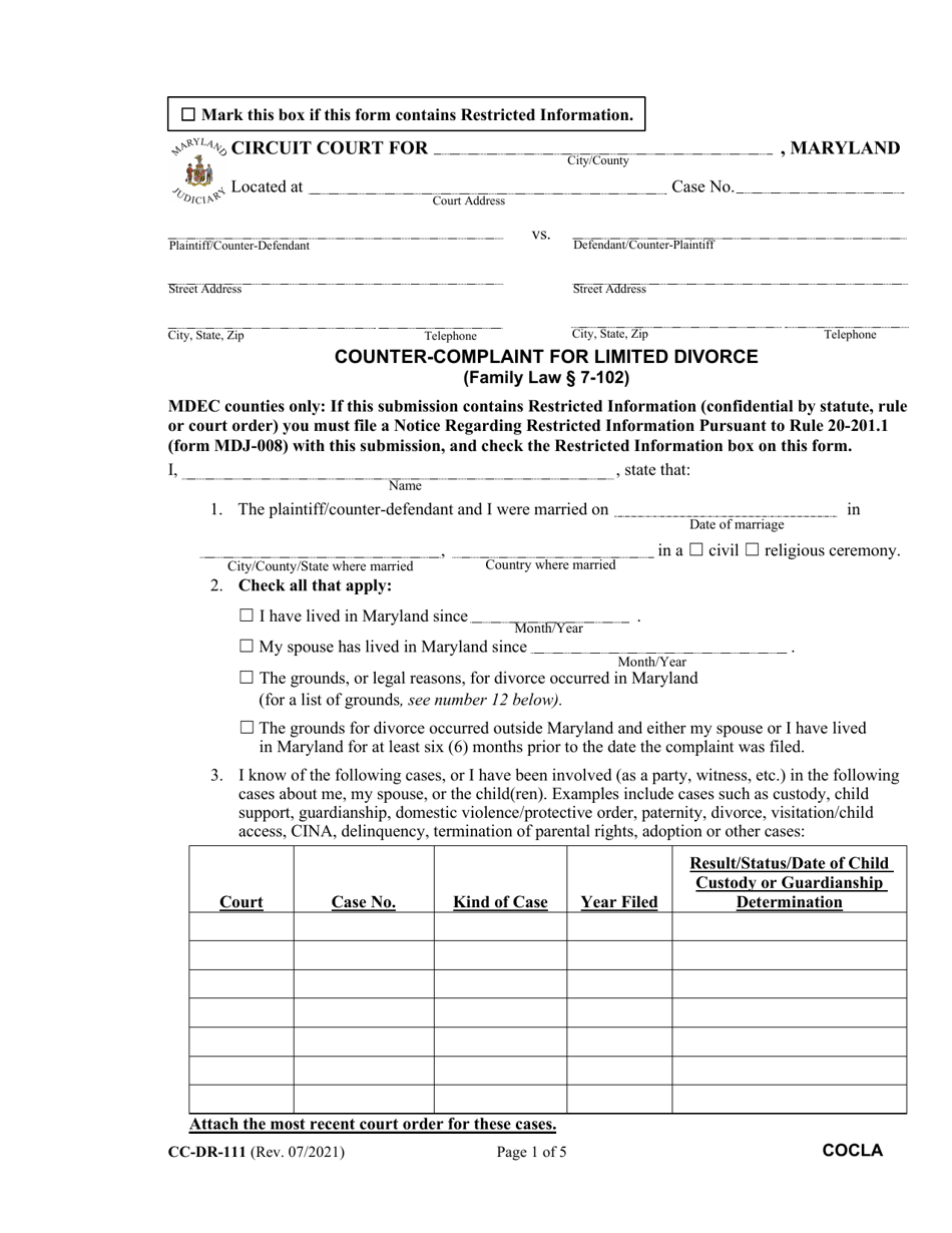 Form CC-DR-111 Counter-Complaint for Limited Divorce - Maryland, Page 1