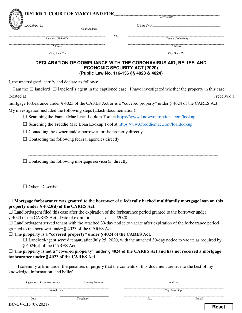 Form DC-CV-113 Declaration of Compliance With the Coronavirus Aid, Relief, and Economic Security Act (2020) - Maryland, Page 1