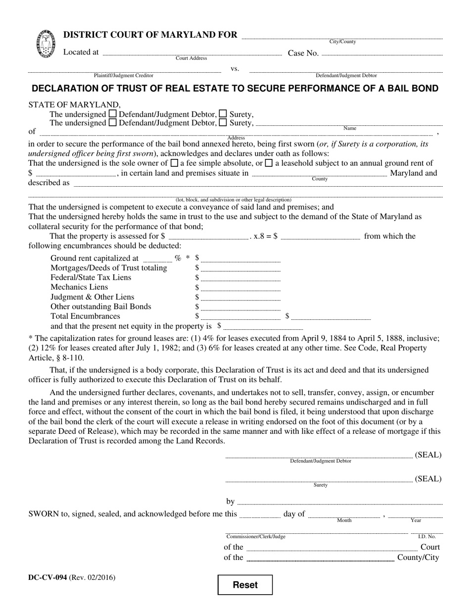 Form DC-CV-094 Declaration of Trust of Real Estate to Secure Performance of a Bail Bond - Maryland, Page 1