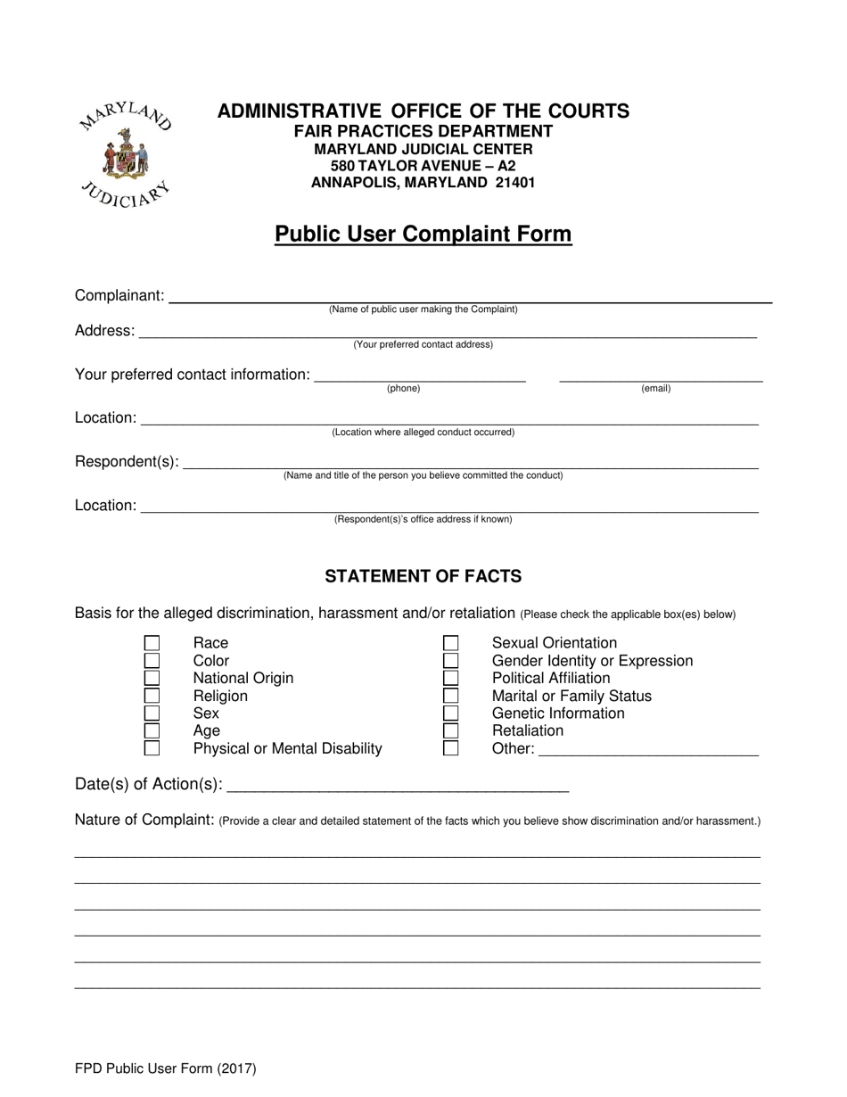 Public User Complaint Form - Maryland, Page 1