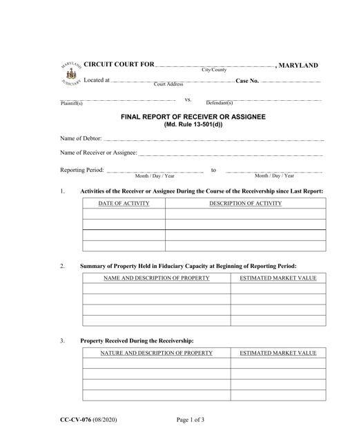 Form CC-CV-076 Final Report of Receiver or Assignee - Maryland